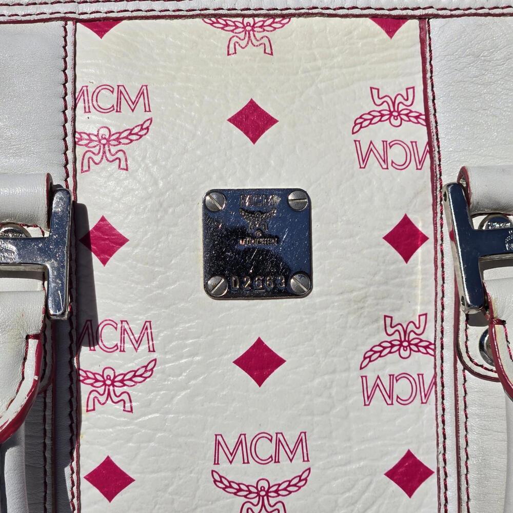 MCM Visetos Boston Bag Mini - White with Pink - Picture 8 of 13